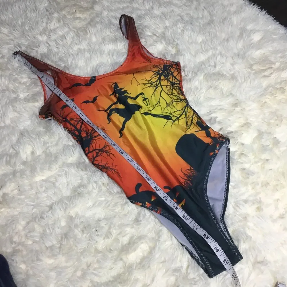 Halloween witch pumpkin bats swimsuit one piece orange yellow black silhouette S